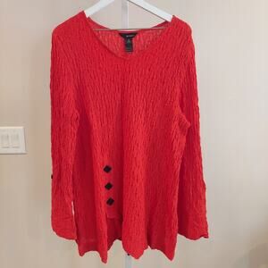 Ali Miles Blouse Size XL Tunic Roll Tab Sleeve Artsy Stretchy Crinkle Pockets